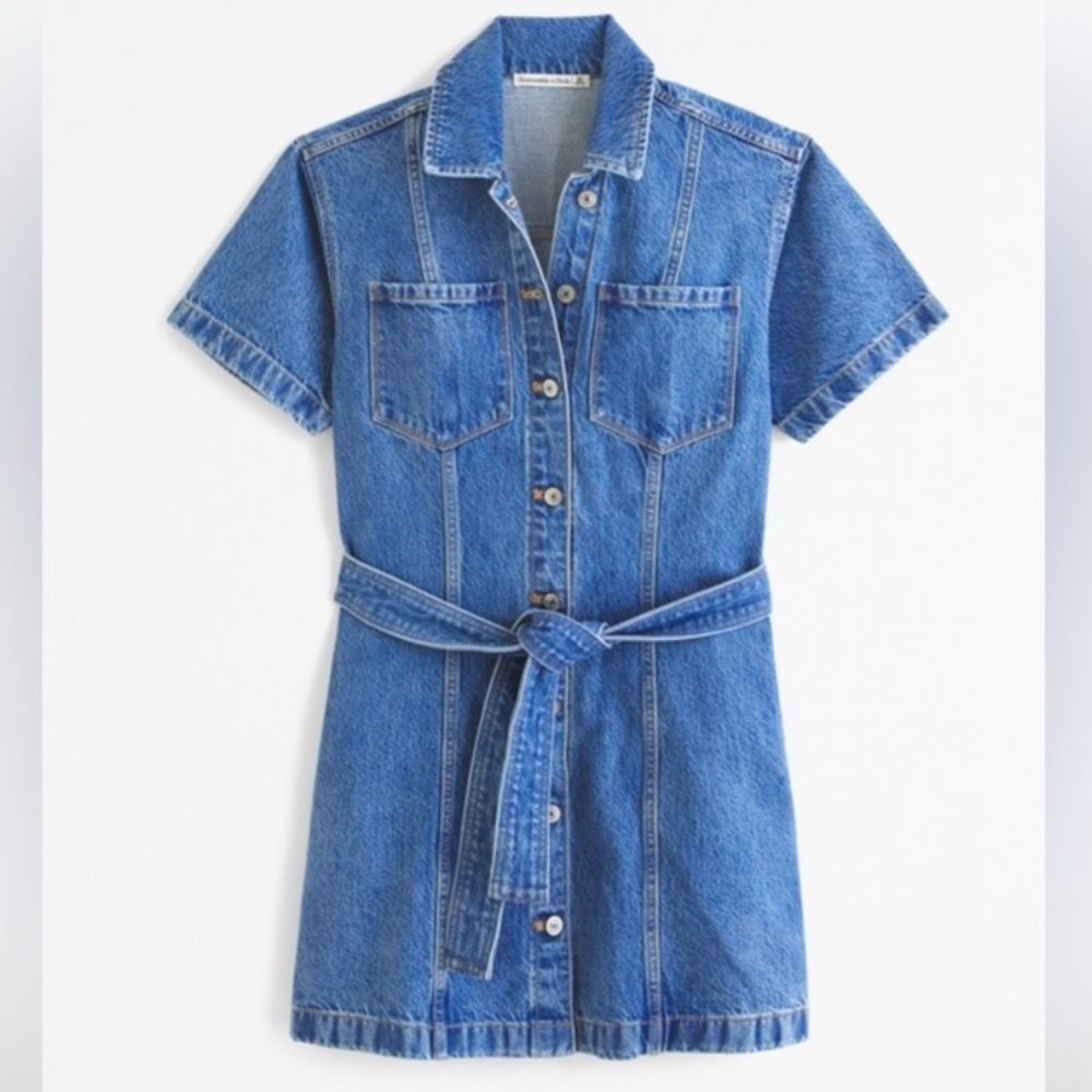 Abercrombie & Fitch Blue Denim Short Sleeve Belted Tie Shirt Dress XL